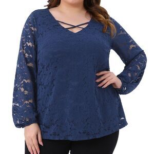 Plus Size Lace Sheer Long Sleeve Elastic Cuff Layer Cross Neck Top Navy Blue